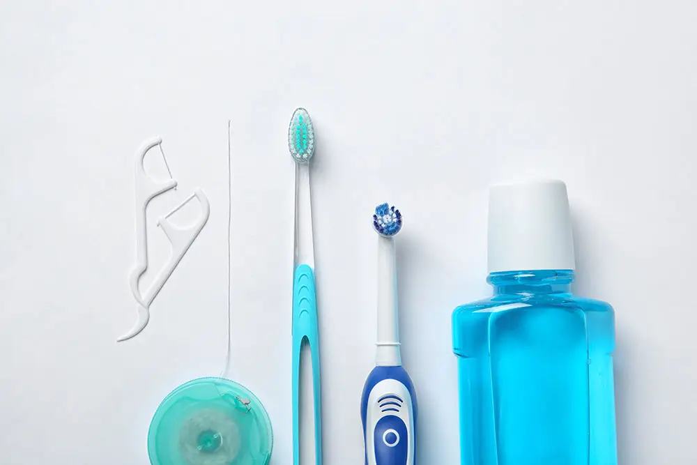Floss, toothbrush, mouthwash